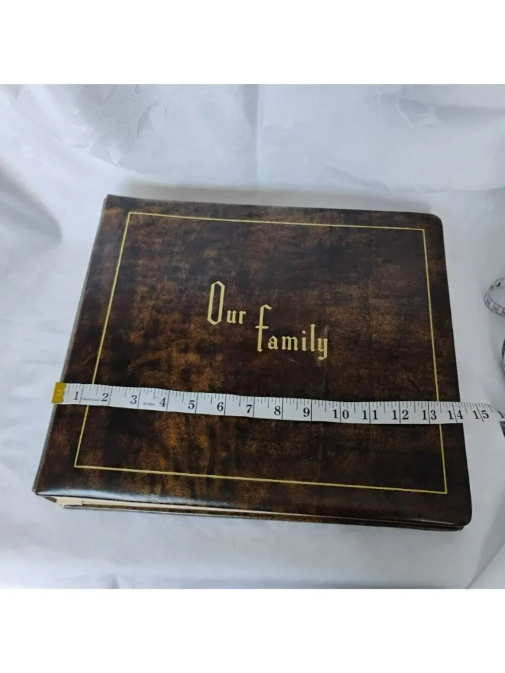 Vintage MCM Our Family Cowhide Leather Photo Album Brass Corners Gold Trim